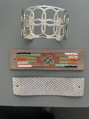 BRIGHTON , Silver Cutout Cuff Bracelet with leather, reversable inserts